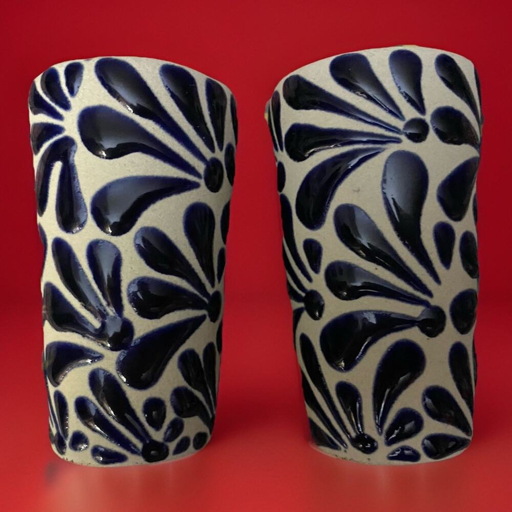Pair Tequileros De Talavera Mexicano Hand Made Shot Glasses 2.5 oz 3.5hx1.87dia.